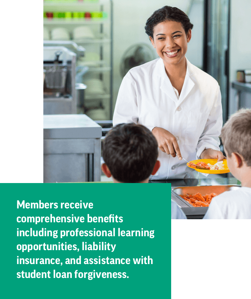 Members receive comprehensive benefits including professional learning opportunities, liability insurance, and assistance with student loan forgiveness.